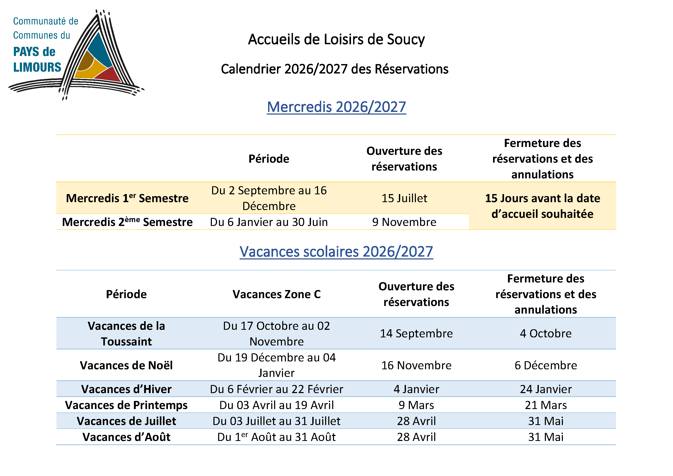 Calendrier des réservations 2026-2027