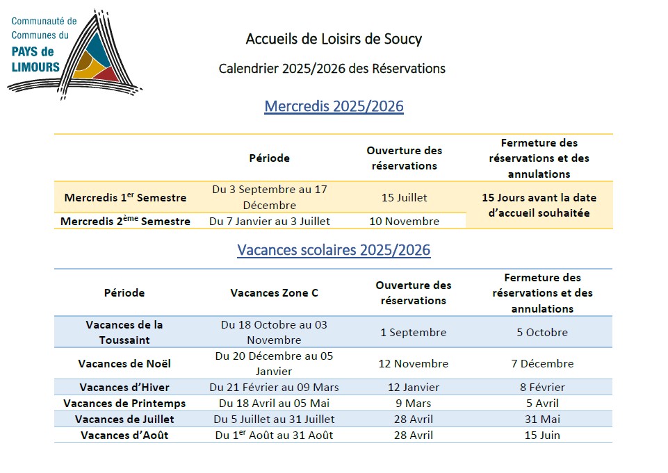 Calendrier des réservations 2025-2026