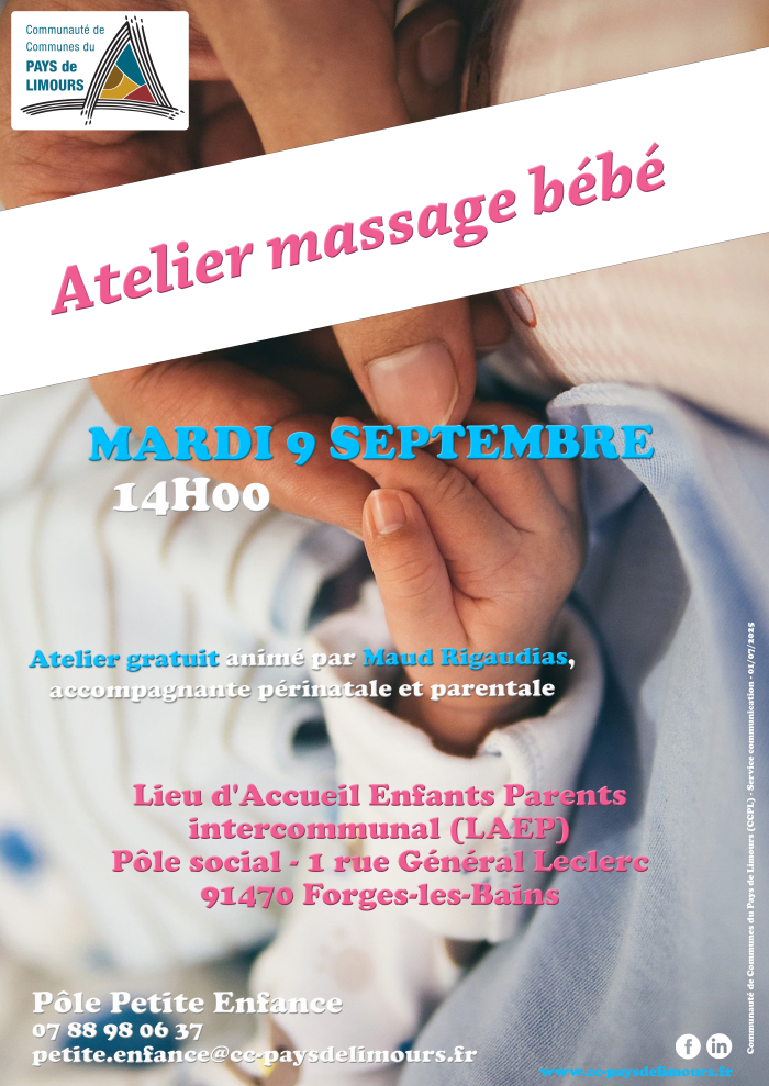 Affiche atelier massage bébé, septembre et novembre 2025