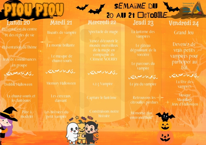 Programme d&aposactivités ACM maternel 20 au 24 octobre - Piou Piou