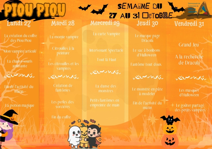 Programme d&aposactivités ACM maternel 27 au 31 octobre - Pioupiou