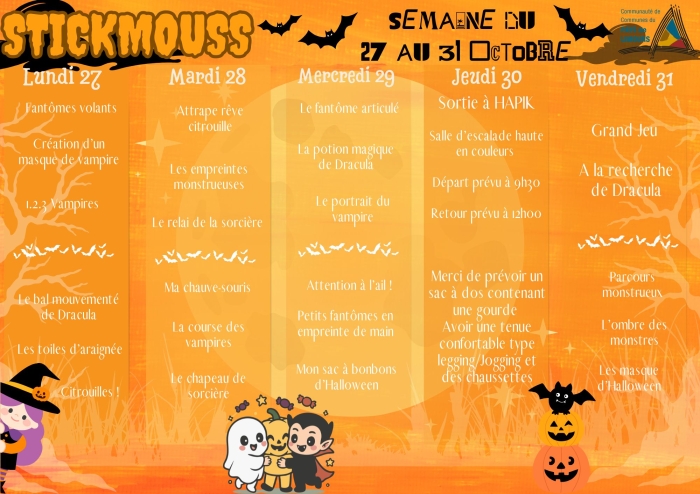 Programme d&aposactivités ACM maternel 27 au 31 octobre - Stickmouss